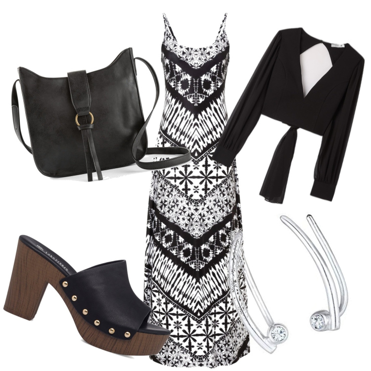 Outfit donna - L\'estate sta finendo. Stile Casual per Tutti i giorni. Abbinamento con vestiti lunghi, borse a tracolla, bluse, sandali col tacco, orecchini.