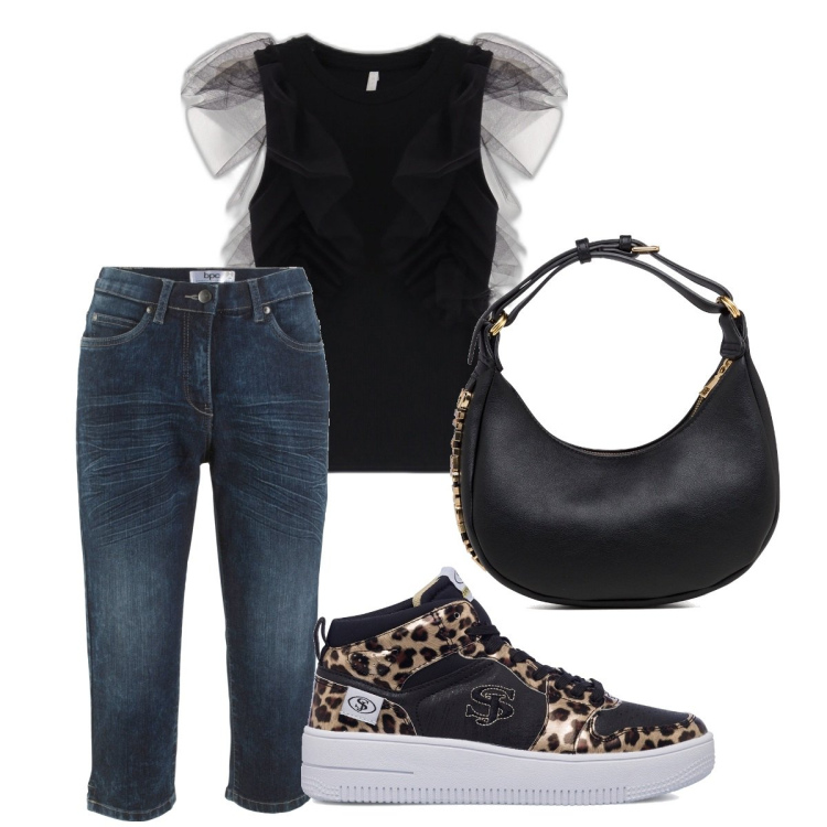 Outfit donna - Sneakers nere. Stile Trendy per Tutti i giorni. Abbinamento con jeans, canottiere, sneakers, borse a mano.
