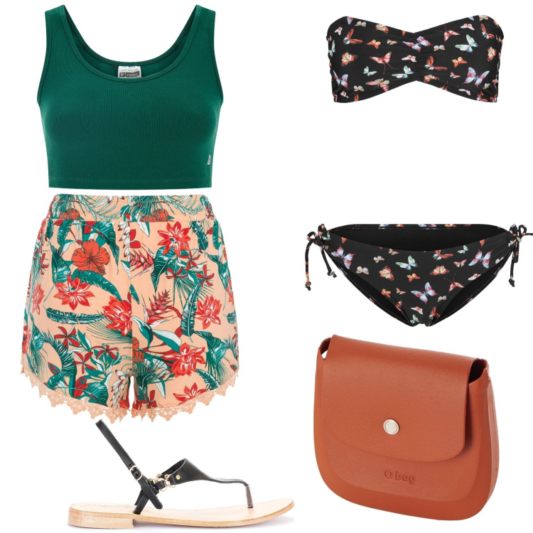 Outfit donna - Shorts. Stile Casual per Mare. Abbinamento con bikini, shorts, infradito, top, borse a spalla.