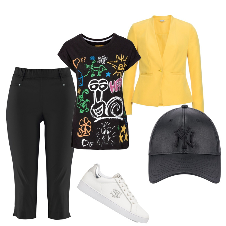 Outfit donna - Prime piogge (veg ok). Stile Casual per Tutti i giorni. Abbinamento con blazer, t-shirt, pantaloni, sneakers, cappelli.