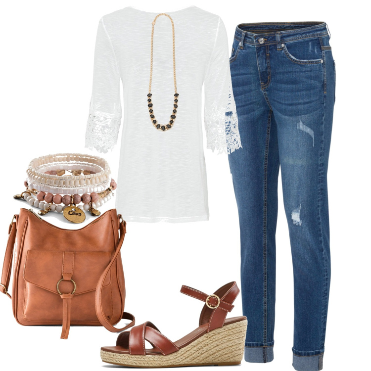 Outfit donna - Jeans e blusa col pizzo. Stile Basic per Tutti i giorni. Abbinamento con borse a tracolla, braccialetti, maglieria, jeans, sandali, collane.