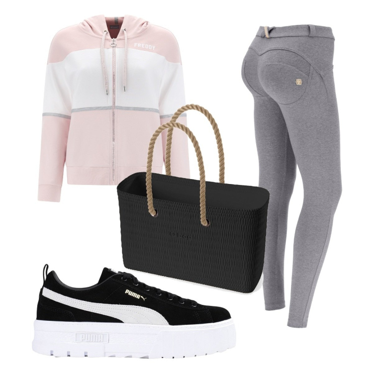 Outfit donna - Total look #1697463. Stile Basic per Sport. Abbinamento con sneakers, pantaloni skinny, felpe con cappuccio, borse a spalla.