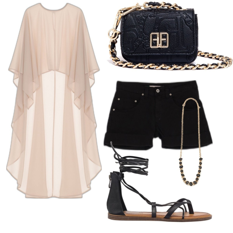 Outfit donna - Nero e beige. Stile Boho per Serata fuori. Abbinamento con top, collane, shorts, marsupi, sandali alla schiava.