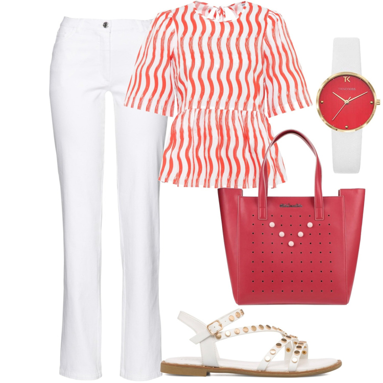 Outfit donna - Easy. Stile Casual per Tutti i giorni. Abbinamento con pantaloni, bluse, borse a mano, sandali in pelle, orologi analogici.