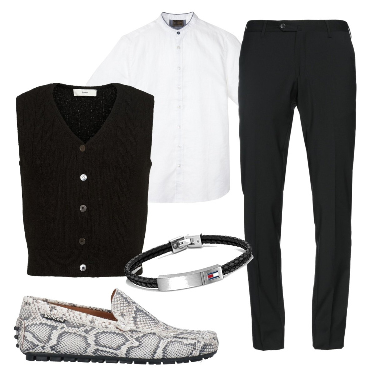 Outfit uomo - Total look #1697566. Stile Casual per Serata speciale. Abbinamento con camicie a manica corta, scarpe stringate, pantaloni, braccialetti, gilet.
