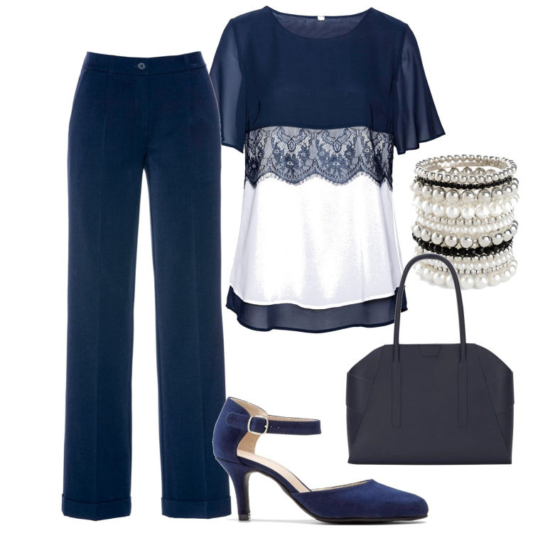 Outfit donna - La blusa bianca e blu. Stile Casual chic per Tutti i giorni. Abbinamento con pantaloni, braccialetti, tuniche, décolleté, borse a spalla.