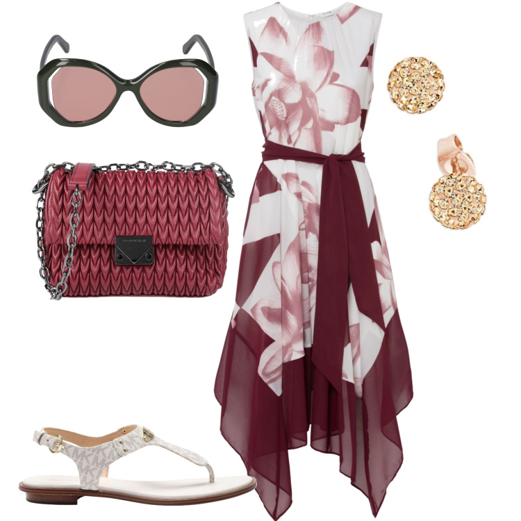 Outfit donna - Il vestito asimmetrico. Stile Casual chic per Tutti i giorni. Abbinamento con vestiti, infradito, borse a tracolla, occhiali da sole, orecchini.