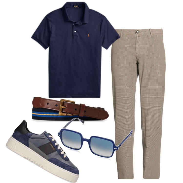 Outfit uomo - Polo blu notte sul vichy. Stile Trendy per Tutti i giorni. Abbinamento con pantaloni, polo, cinture, occhiali da sole, sneakers.