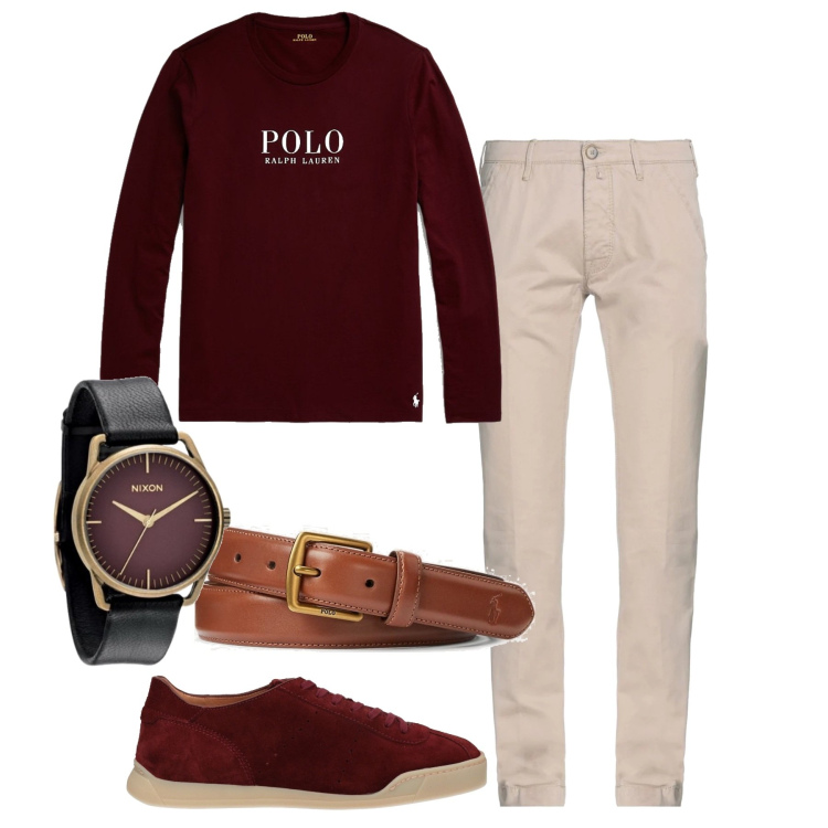 Outfit uomo - Bordeaux e avorio. Stile Trendy per Tutti i giorni. Abbinamento con pantaloni, sneakers, cinture, t-shirt, orologi.