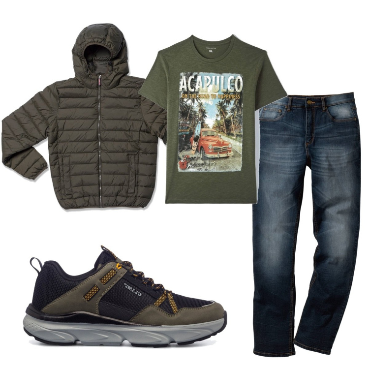 Outfit uomo - Total look #1697649. Stile Casual per Tutti i giorni. Abbinamento con jeans dritti, t-shirt, sneakers, piumini.