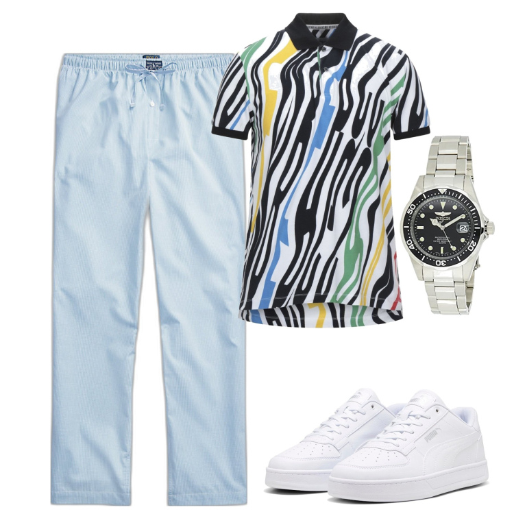 Outfit uomo - La polo fantasia. Stile Casual per Tutti i giorni. Abbinamento con polo, sneakers, pantaloni, orologi.