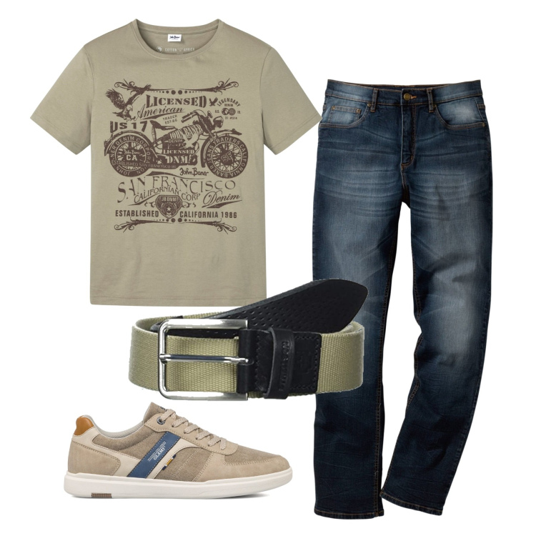 Outfit uomo - Con i jeans scuri. Stile Casual per Tutti i giorni. Abbinamento con jeans dritti, t-shirt, sneakers, cinture.