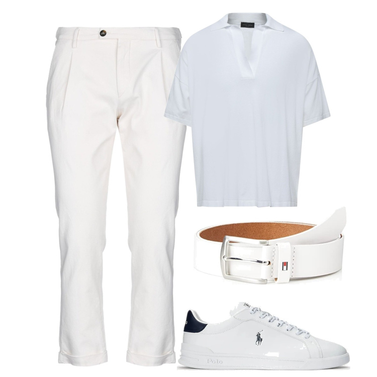 Outfit uomo - Total white. Stile Casual per Tutti i giorni. Abbinamento con pantaloni, pullovers, sneakers, cinture.