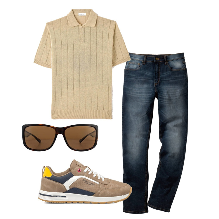 Outfit uomo - Vacanze a settembre. Stile Casual per Tutti i giorni. Abbinamento con jeans dritti, maglieria, sneakers, occhiali da sole.