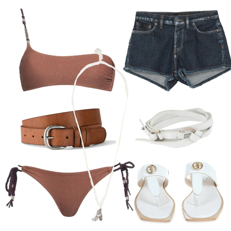 Outfit donna - Concerto in spiaggia. Stile Trendy per Mare. Abbinamento con cinture, bikini, collane, braccialetti, shorts, infradito.