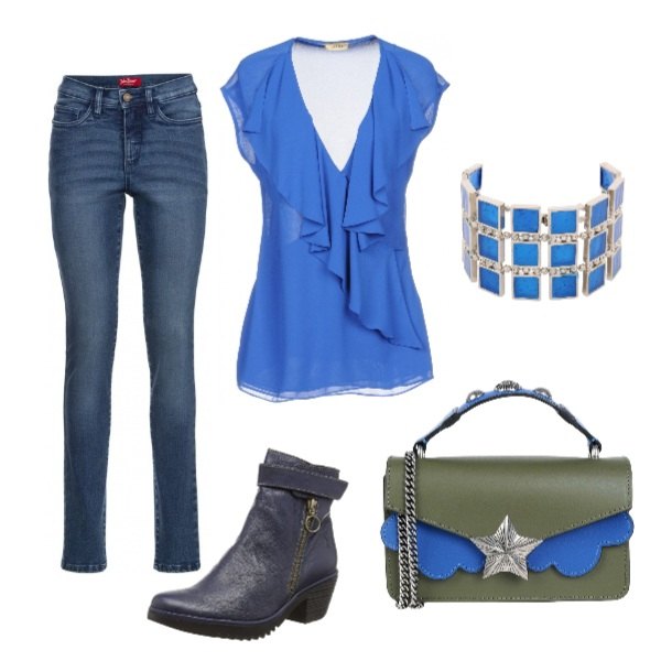 Outfit donna - Glamour. Stile Trendy per Tutti i giorni. Abbinamento con jeans slim fit, top chiffon collo a v senza maniche con zip tinta unita, bracciale fantasia tinta unita, borsa a tracolla petit fantasia a scatto interno foderato in pelle, stivaletti blu.