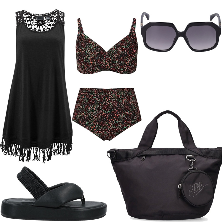Outfit donna - Al mare a settembre. Stile Glamour per Mare. Abbinamento con vestiti da spiaggia, infradito, bikini, shopping bag, occhiali da sole.