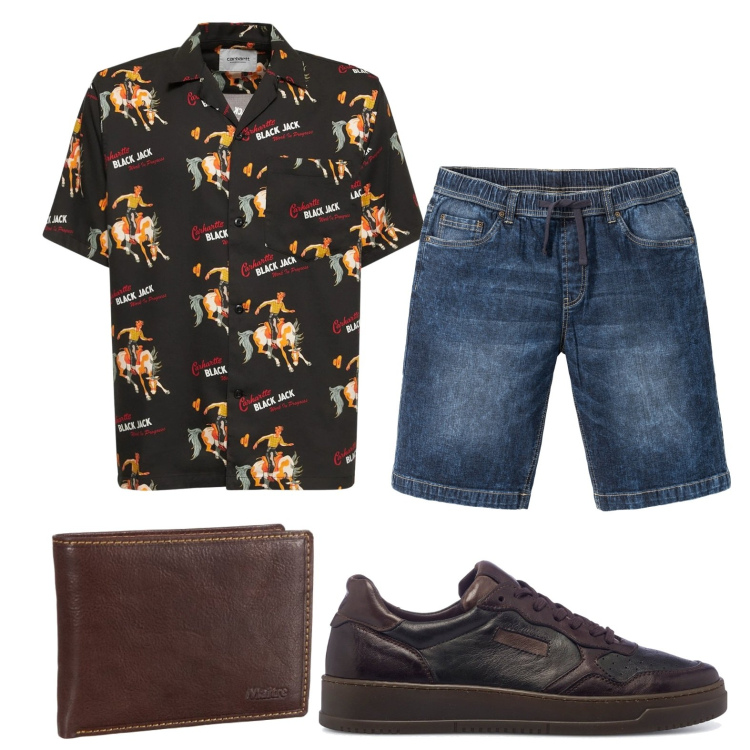 Outfit uomo - Cuoio. Stile Casual per Tutti i giorni. Abbinamento con bermuda, sneakers, portafogli, camicie.