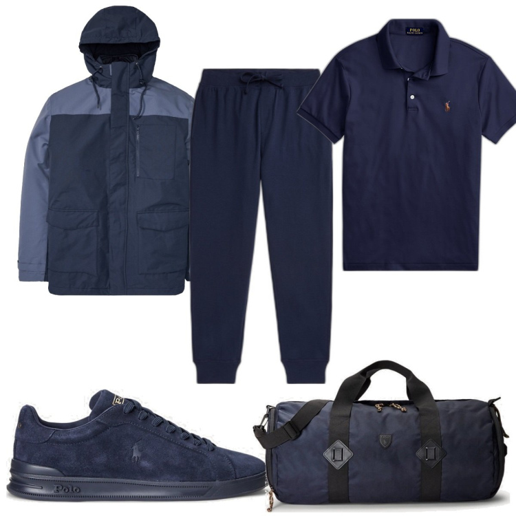 Outfit uomo - Total look #1697804. Stile Trendy per Sport. Abbinamento con giacche, polo, sneakers, borse sportive, pantaloni.