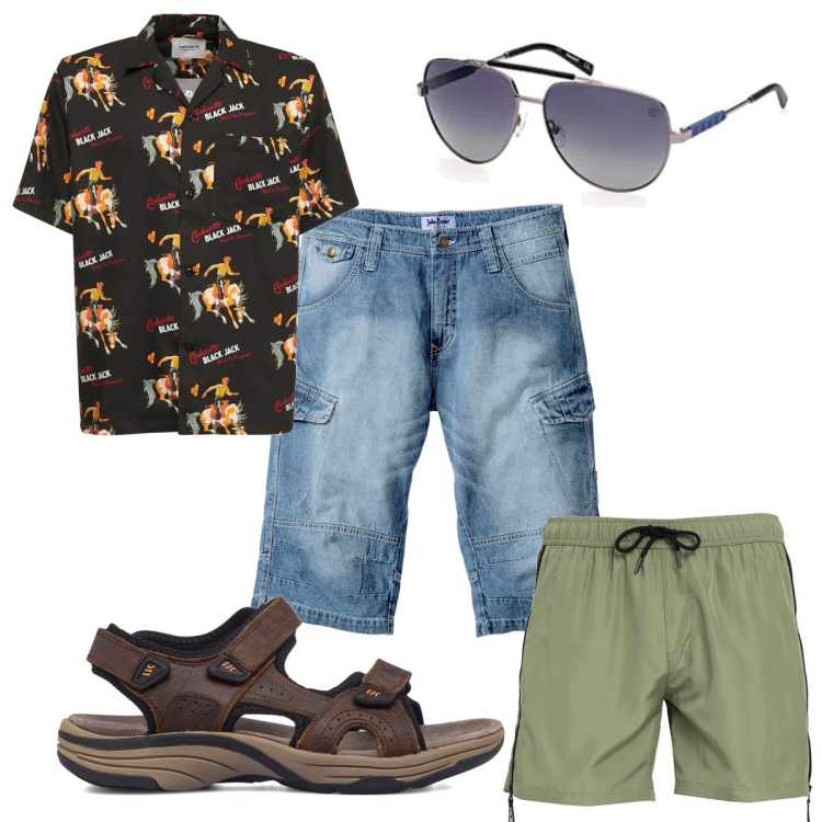 Outfit uomo - Total look #1697811. Stile Trendy per Mare. Abbinamento con bermuda, costumi, sandali, occhiali da sole, camicie.