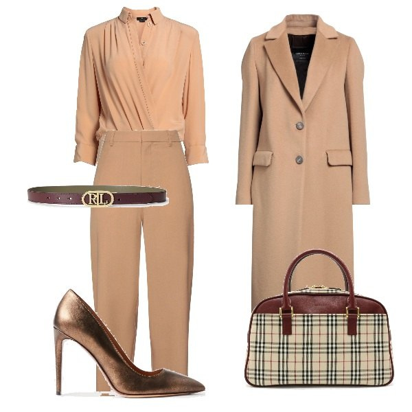 Outfit donna - morfologia a V. per Ufficio. Abbinamento con pantaloni, borse a mano, cappotti, camicie, cinture, décolleté.