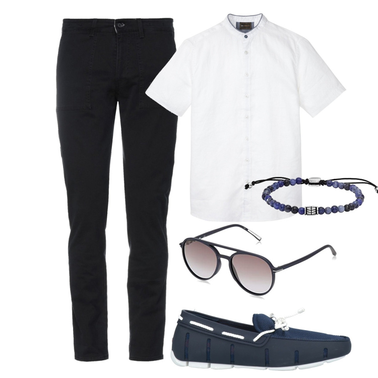 Outfit uomo - Casual chic. Stile Casual per Tutti i giorni. Abbinamento con camicie a manica corta, pantaloni, scarpe stringate, occhiali da sole, braccialetti.