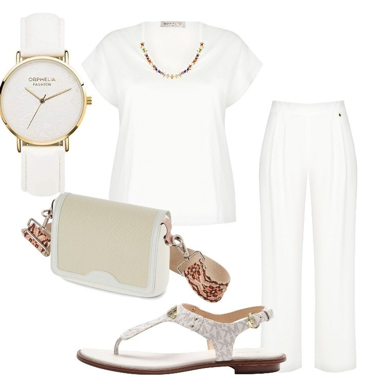 Outfit donna - Curvy in Total White. Stile Casual chic per Tutti i giorni. Abbinamento con infradito, pantaloni a palazzo, t-shirt, borse a spalla, orologi analogici.