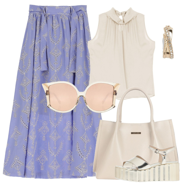 Outfit donna - Chic per colazione. Stile Bon Ton per Tutti i giorni. Abbinamento con sandali in pelle, borse a mano, occhiali da sole, gonne lunghe, canottiere, orecchini.