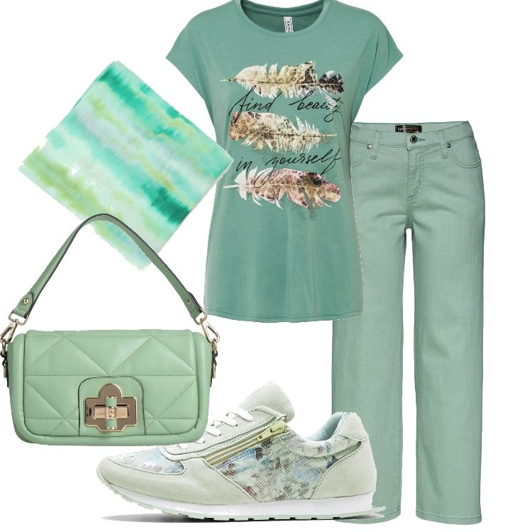 Outfit donna - Curvy casual in verde. Stile Casual per Tutti i giorni. Abbinamento con t-shirt, jeans, sneakers, borse a mano, sciarpe.