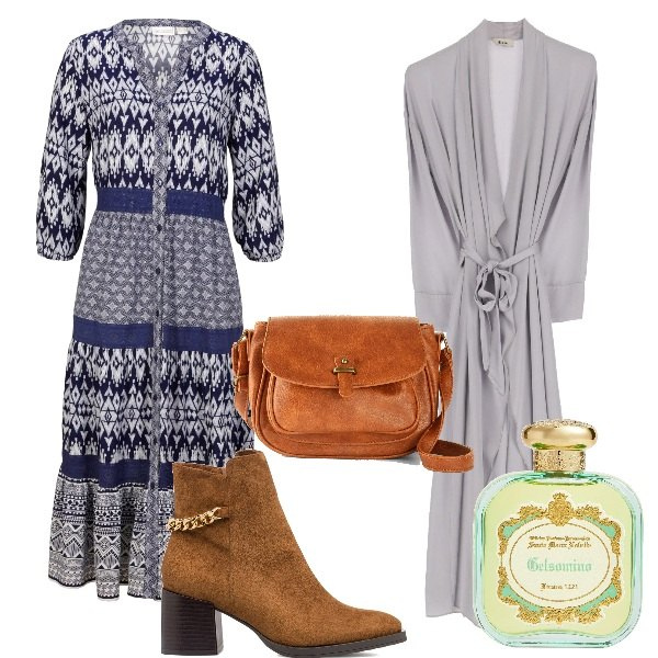 Outfit donna - Abito boho in cttà. Stile Boho per Tutti i giorni. Abbinamento con borse a tracolla, vestiti chemisier, stivaletti, trench, profumi.