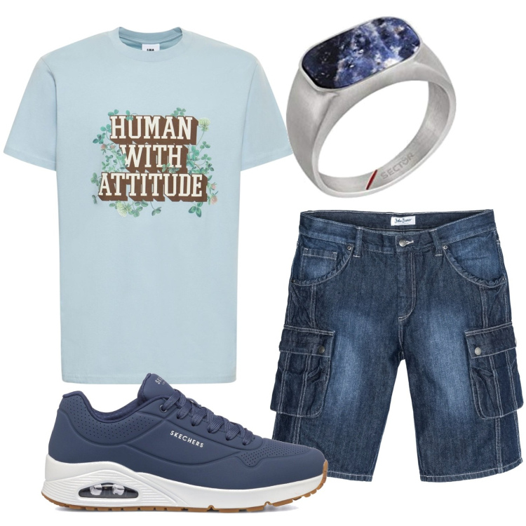 Outfit uomo - Attitude. Stile Trendy per Tutti i giorni. Abbinamento con bermuda, sneakers, t-shirt, anelli.