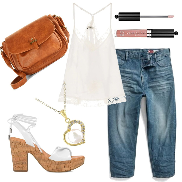 Outfit donna - Casual forever. Stile Casual per Tutti i giorni. Abbinamento con borse a tracolla, sandali alla schiava, canottiere, jeans dritti, gloss, ciondoli.