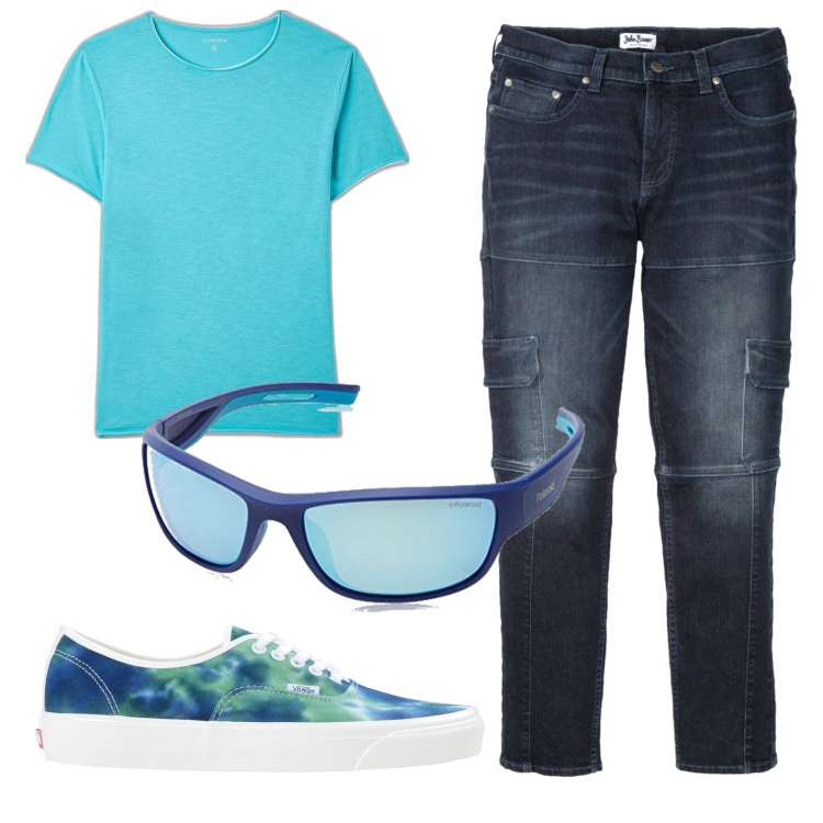 Outfit uomo - Azzurro su jeans nero. Stile Casual per Tutti i giorni. Abbinamento con jeans slim fit, sneakers, t-shirt, occhiali da sole.