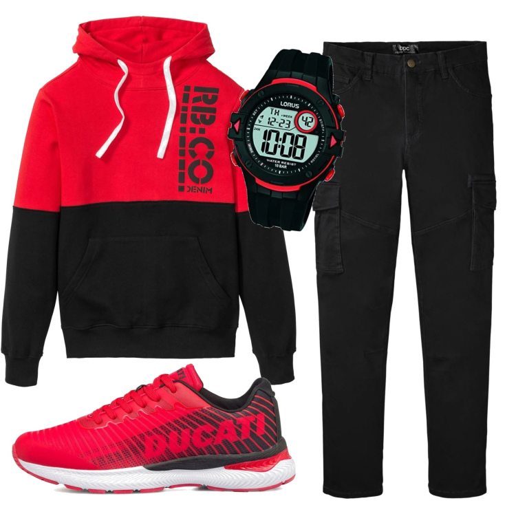 Outfit uomo - Felpa bicolore. Stile Casual per Tutti i giorni. Abbinamento con felpe con cappuccio, pantaloni cargo, sneakers, orologi digitali.