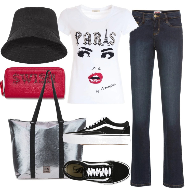 Outfit donna - Un giro in centro. Stile Casual per Scuola/Università. Abbinamento con jeans bootcut, sneakers, t-shirt, cappelli, borse tote, portafogli.