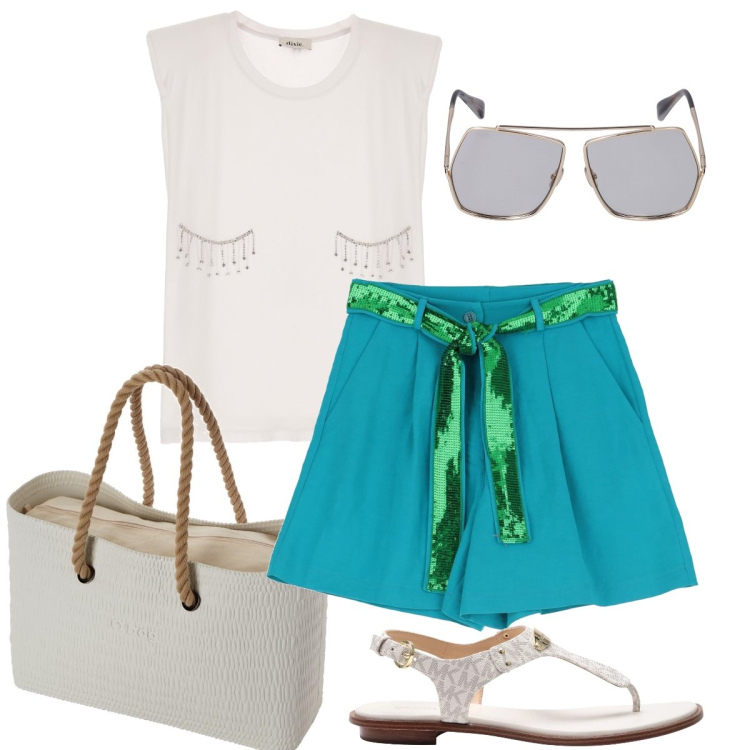 Outfit donna - La cintura in paillettes. Stile Casual chic per Tutti i giorni. Abbinamento con infradito, t-shirt, bermuda, occhiali da sole, borse a spalla.