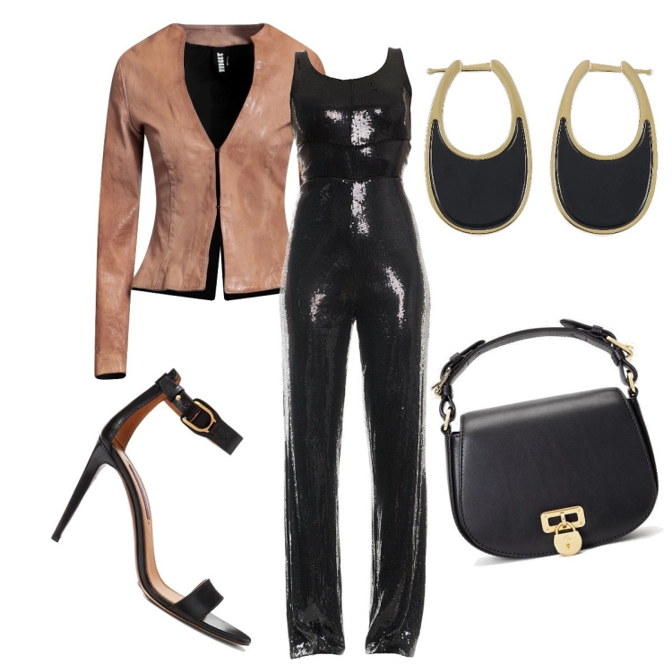 Outfit donna - La tuta in paillettes. Stile Sexy per Serata fuori. Abbinamento con giacche, tute, borse a tracolla, sandali in pelle, orecchini.