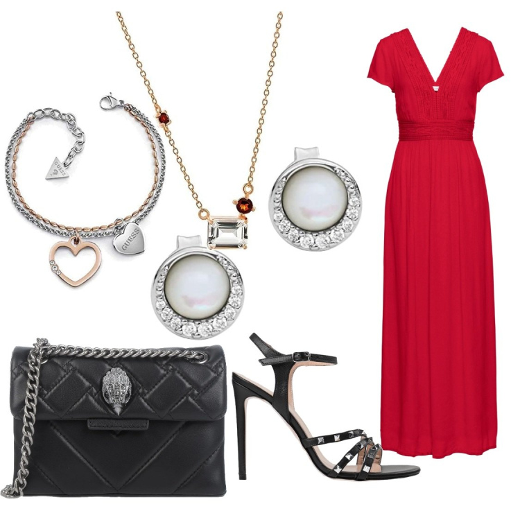 Outfit donna - Elegantemente low cost. Stile Chic per Serata fuori. Abbinamento con vestiti lunghi, sandali in pelle, borse a spalla, braccialetti, collane, orecchini.