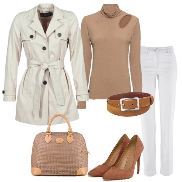 Outfit donna - Il trench avorio. Stile Trendy per Tutti i giorni. Abbinamento con pantaloni, maglia collo alto beige, trench beige, décolleté con tacco alto, borsa a mano marrone, cintura marrone.