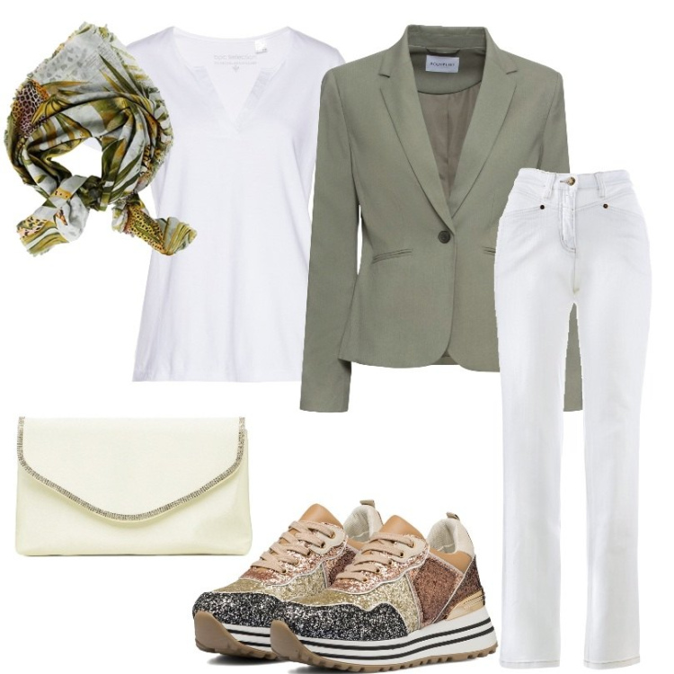Outfit donna - Total look #1698094. Stile Basic per Ufficio. Abbinamento con blazer, t-shirt, jeans dritti, sneakers, clutch, sciarpe.