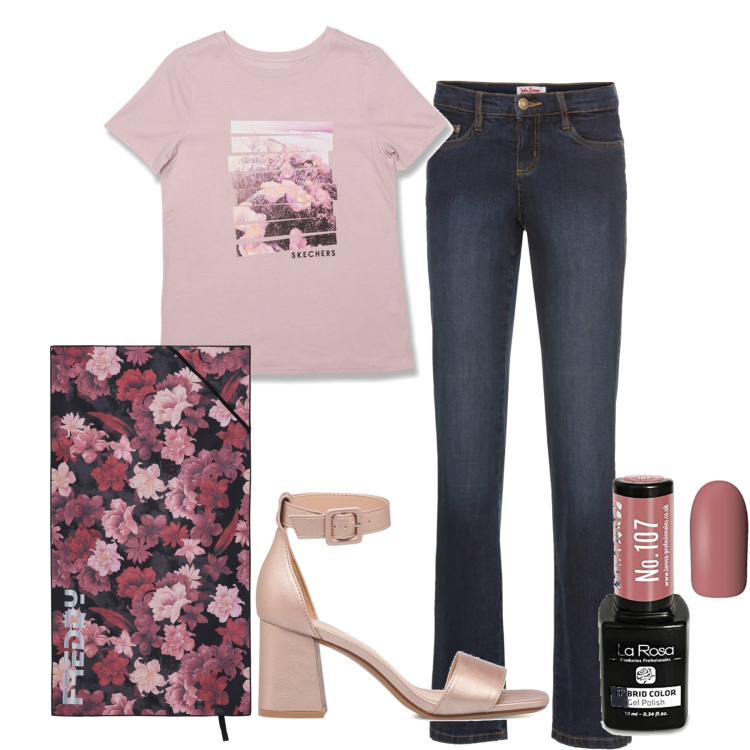 Outfit donna - Rosa tenue. Stile Casual chic per Tutti i giorni. Abbinamento con jeans bootcut, pochette, sandali in pelle, t-shirt, smalti.