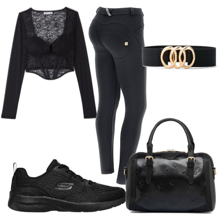 Outfit donna - Sneakers nera in total black. Stile Basic per Tutti i giorni. Abbinamento con cinture, t-shirt, pantaloni skinny, sneakers, borse a mano.