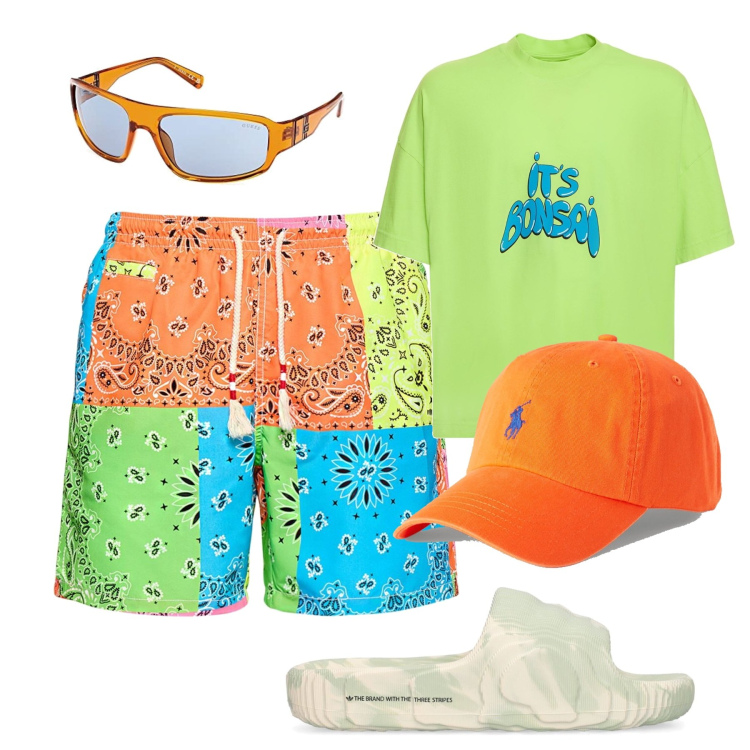 Outfit uomo - Al mare. Stile Trendy per Mare. Abbinamento con cappelli, t-shirt, shorts, occhiali da sole, sandali.