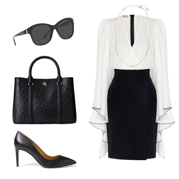 Outfit donna - Total look #1698171. Stile Bon Ton per Tutti i giorni. Abbinamento con vestiti a tubino, occhiali da sole, collane, décolleté, borse a mano.