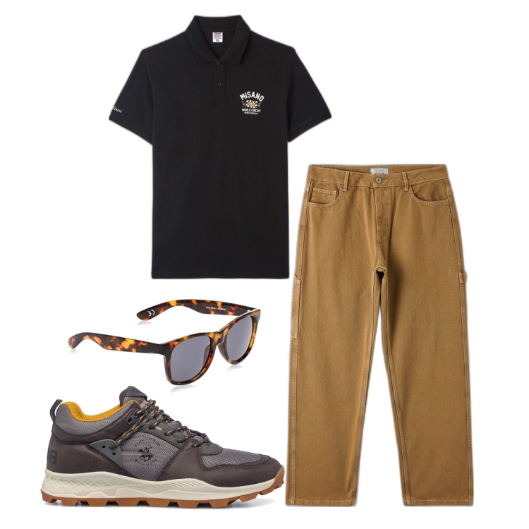 Outfit uomo - Polo nera. Stile Urban per Tutti i giorni. Abbinamento con polo, pantaloni, sneakers, occhiali da sole.