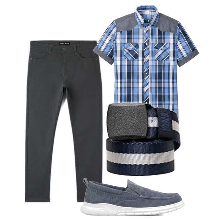 Outfit uomo - Quadroni. Stile Casual per Tutti i giorni. Abbinamento con camicie a manica corta, pantaloni skinny, sneakers, cinture.