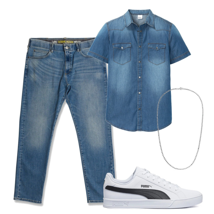 Outfit uomo - Denim. Stile Casual per Tutti i giorni. Abbinamento con camicie a manica corta, sneakers, jeans slim fit, collane.