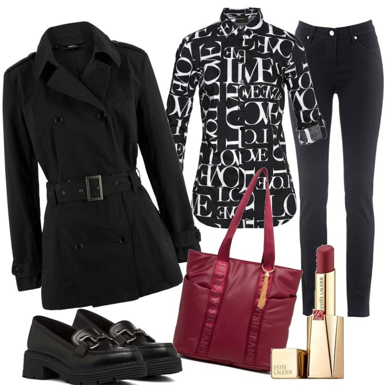 Outfit donna - Sotto la pioggia. Stile Urban per Tutti i giorni. Abbinamento con jeans slim fit, trench, camicie, mocassini, borse a spalla, rossetti.