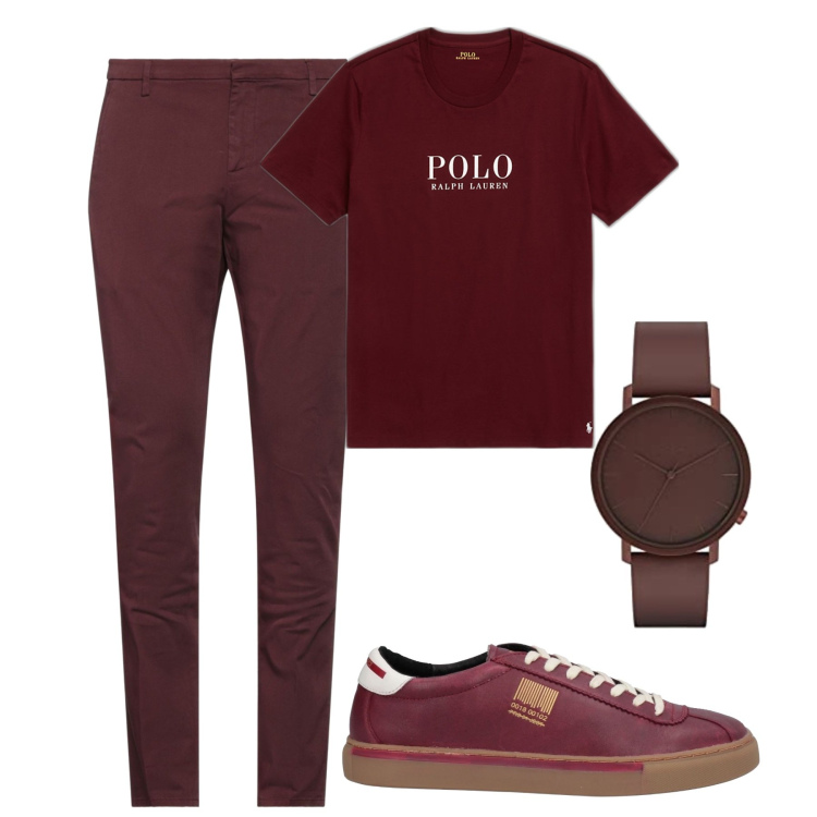 Outfit uomo - Rosso scuro. Stile Casual per Tutti i giorni. Abbinamento con sneakers, pantaloni, t-shirt, orologi.