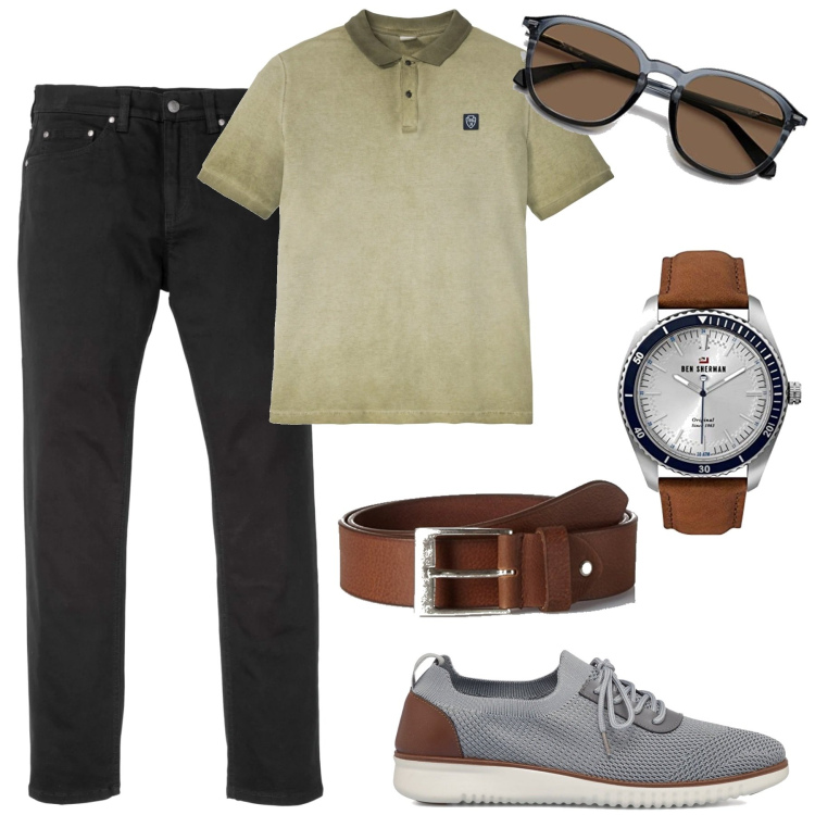 Outfit uomo - Urbano con stile. Stile Urban per Tutti i giorni. Abbinamento con jeans slim fit, polo, scarpe stringate, orologi analogici, cinture, occhiali da sole.